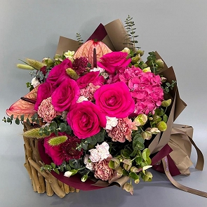 MD0823 佛洛依德桃紅玫瑰 粉繡球 康乃馨 龍舌蘭掌